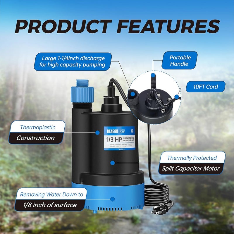 BTAEGH 1/3 HP Submersible Water Pump 2400GPH Small Sump Pump Thermoplastic Electric Portable Transfer Utility Pump Clean for Swimming Pool Basement Garden Pond - Image 3